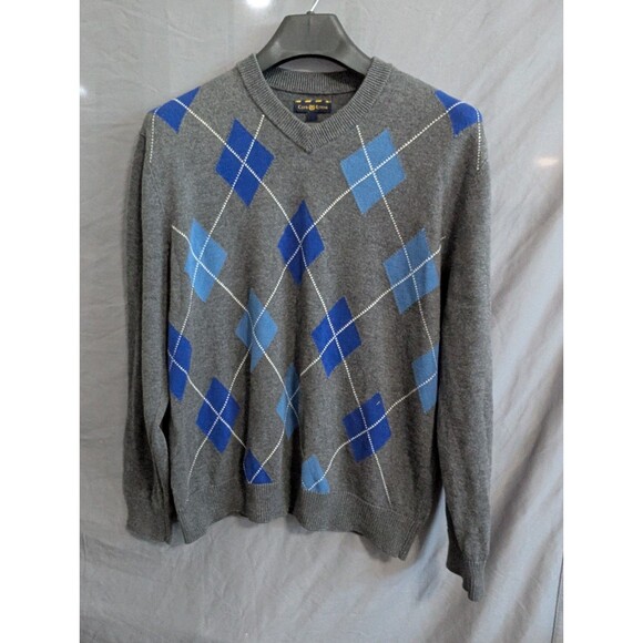 Club Room Sweater Mens L Colorful Argyle V Neck Preppy Grandpa Large - Picture 1 of 14